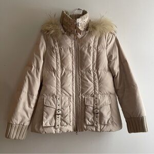 French Pale Mauve Pink Fur-Trimmed Puffer Jacket Buckle and Knit details France